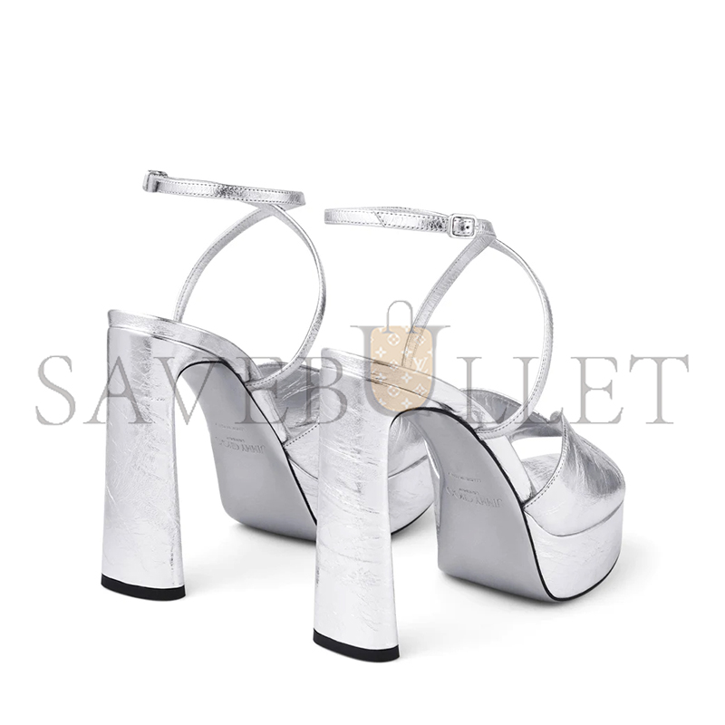 JIMMY CHOO KARLI PLATFORM 125 SILVER METALLIC LEATHER PLATFORM SANDALS KARLIPF125BYK JIMMY CHOO KARLI PLATFORM 125 SILVER METALLIC LEATHER PLATFORM SANDALS KARLIPF125BYK